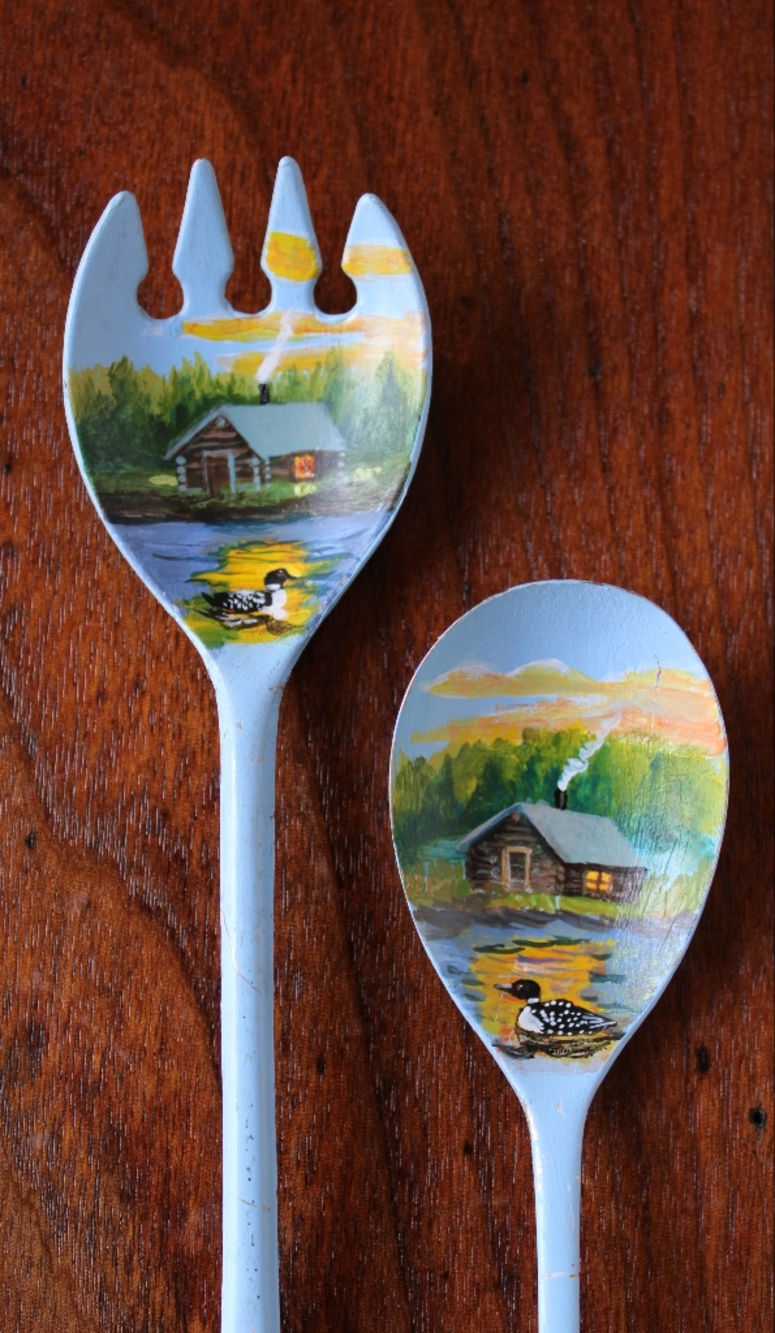 Vintage Hand-Painted Decorative Spoons - Blue Scenic Design
